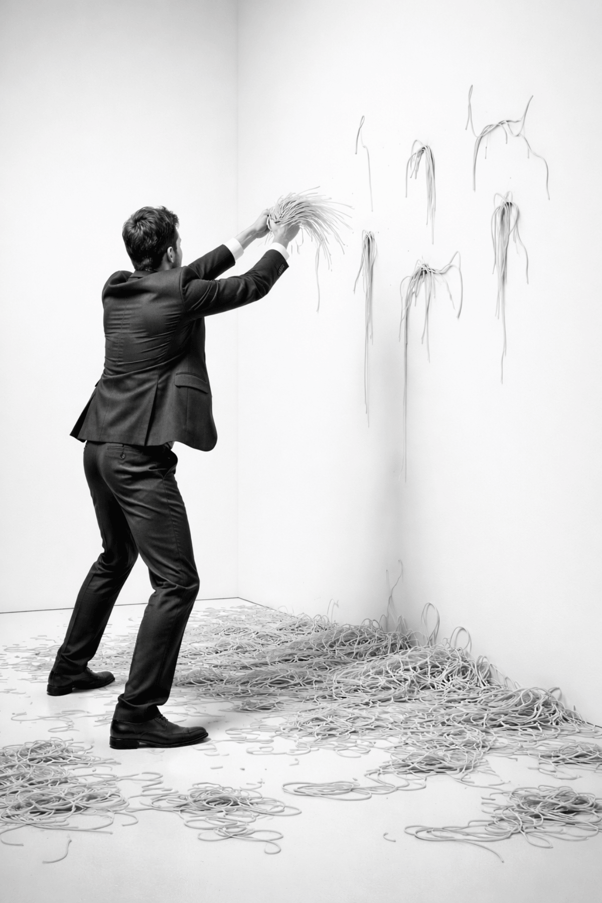 Spaghetti Marketing Syndrome — businessman in a suit throwing pasta at a wall, illustrating chaotic small business marketing without a system